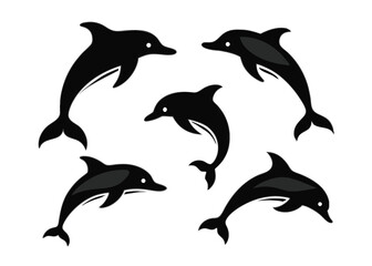  Vector illustration of five black dolphin silhouettes isolated against a white background