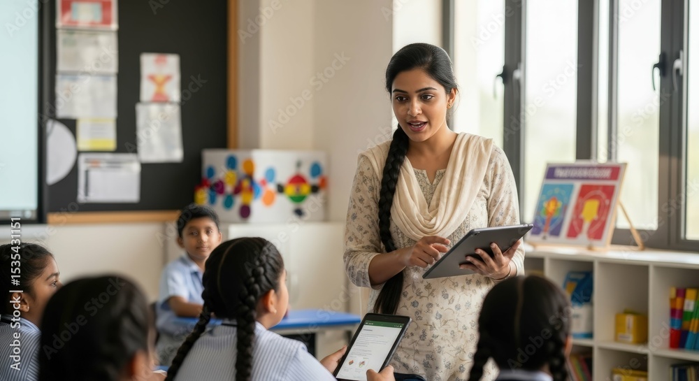 Teacher teaching students using tablet in classroom education learning ...