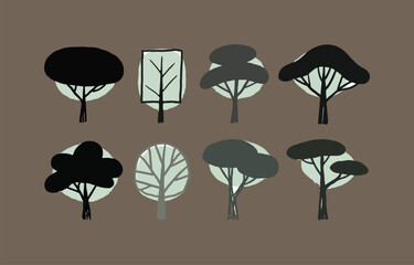 Poster - Collection of eight stylized tree illustrations in black and green hues