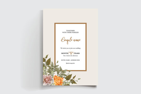 WEDDING INVITATION FRAME WITH FLOWER DECORATIONS AND FRESH LEAVES