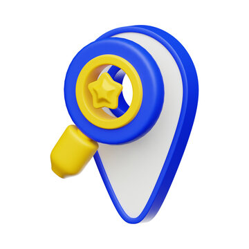 3d rendered location marker icon with star and magnifying glass on black background