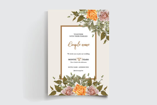 WEDDING INVITATION FRAME WITH FLOWER DECORATIONS AND FRESH LEAVES