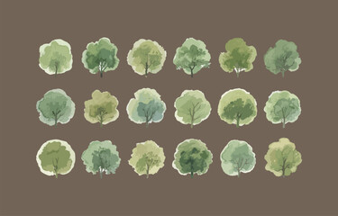 Poster - Collection of eighteen watercolor style green trees isolated on brown background