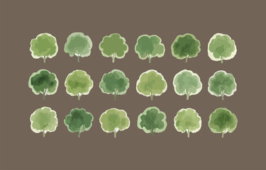 Poster - Eighteen watercolor style green trees collection for nature designs