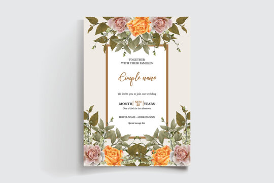 WEDDING INVITATION FRAME WITH FLOWER DECORATIONS AND FRESH LEAVES