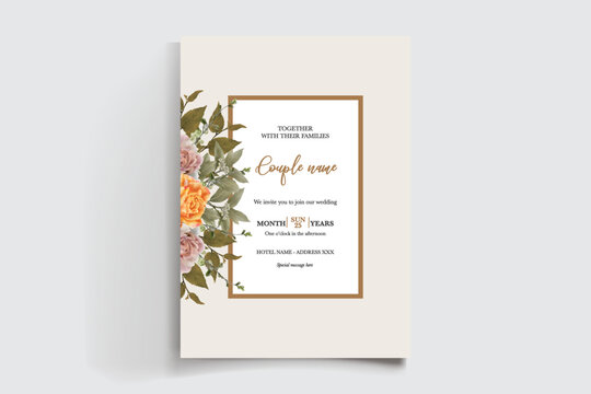 WEDDING INVITATION FRAME WITH FLOWER DECORATIONS AND FRESH LEAVES