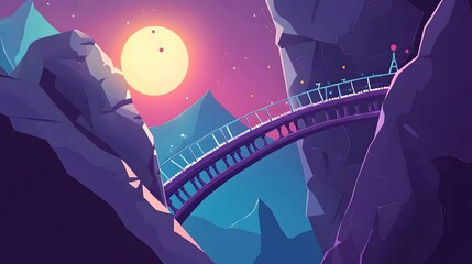 Poster - Colorful mountain landscape with a bridge.