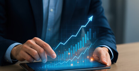 Poster - A business professional analyzes digital financial data on a tablet tracking upward trends to inform strategy and growth