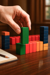 Poster - A carefully positions a green wooden block symbolizing growth and strategic planning in business
