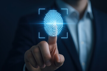Poster - Innovation in security is advanced as a formal-suited professional activates biometric access through a glowing fingerprint scan