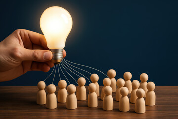 Poster - Innovation sparks connection as a glowing idea guides a group wooden figures representing collaboration and leadership in business