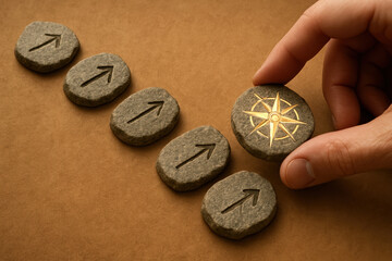 Poster - A symbolic pathway textured stepping stones guides progress with engraved arrows and a distinct compass stone representing direction and strategy