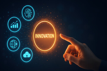 Poster - A glowing central hub symbolizes innovation as connected icons represent AI data analysis cloud and digital networks driving business growth