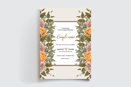 WEDDING INVITATION FRAME WITH FLOWER DECORATIONS AND FRESH LEAVES