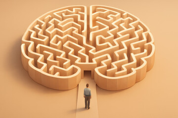 Poster - A person faces a complex challenge symbolized by a brain-shaped maze illustrating problem-solving and strategic thinking in business contexts