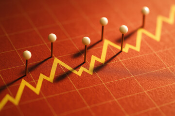 Poster - Fluctuating trends on a textured grid surface marked by pins symbolize dynamic progress and data analysis in business strategy