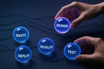 Poster - A digital representation the process from ideation to deployment highlights stages testing design and development in project management