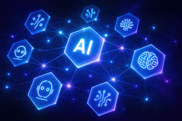Poster - The interconnected digital network symbolizes advanced technology driving artificial intelligence to enhance innovation and automated decision processes in business