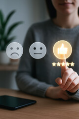 Poster - A person interacts with a glowing thumbs-up icon symbolizing positive feedback and quality rating in a business context