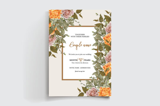 WEDDING INVITATION FRAME WITH FLOWER DECORATIONS AND FRESH LEAVES