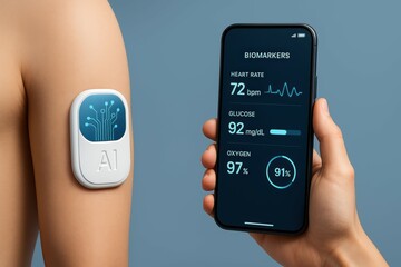 Poster - Advanced Health Monitoring Device Attached to Skin with Smartphone Displaying Vital Biomarkers Data