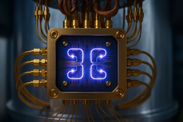 Poster - Quantum Processor with Complex Circuitry in a High-Tech Environment Featuring Bright Blue Lights