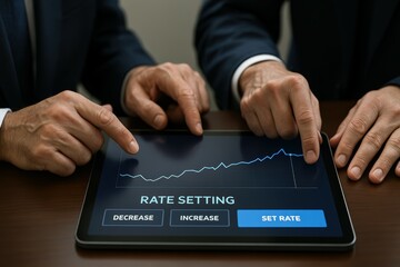 Poster - Business Professionals Analyzing Data Trends on Digital Tablet for Rate Setting Decisions