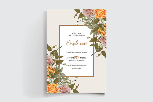 WEDDING INVITATION FRAME WITH FLOWER DECORATIONS AND FRESH LEAVES