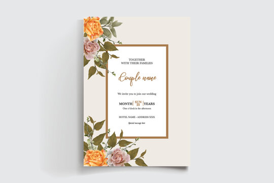 WEDDING INVITATION FRAME WITH FLOWER DECORATIONS AND FRESH LEAVES