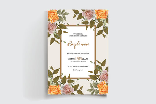 WEDDING INVITATION FRAME WITH FLOWER DECORATIONS AND FRESH LEAVES