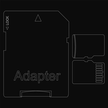 A black memory card adapter diagram stands out against a dark background, highlighting digital storage technology. The word 