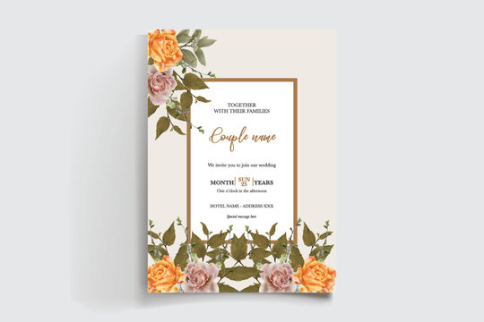 WEDDING INVITATION FRAME WITH FLOWER DECORATIONS AND FRESH LEAVES