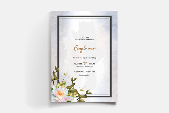 WEDDING INVITATION FRAME WITH FLOWER DECORATIONS AND FRESH LEAVES