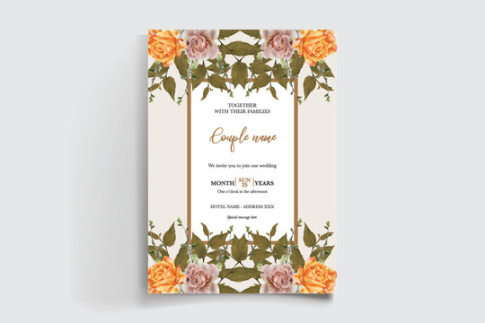 WEDDING INVITATION FRAME WITH FLOWER DECORATIONS AND FRESH LEAVES