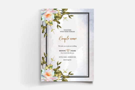 WEDDING INVITATION FRAME WITH FLOWER DECORATIONS AND FRESH LEAVES