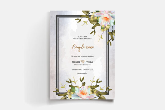WEDDING INVITATION FRAME WITH FLOWER DECORATIONS AND FRESH LEAVES