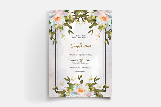 WEDDING INVITATION FRAME WITH FLOWER DECORATIONS AND FRESH LEAVES