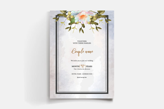 WEDDING INVITATION FRAME WITH FLOWER DECORATIONS AND FRESH LEAVES