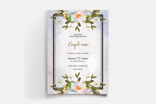 WEDDING INVITATION FRAME WITH FLOWER DECORATIONS AND FRESH LEAVES