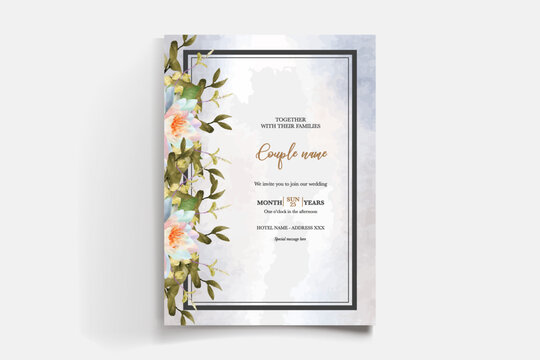 WEDDING INVITATION FRAME WITH FLOWER DECORATIONS AND FRESH LEAVES