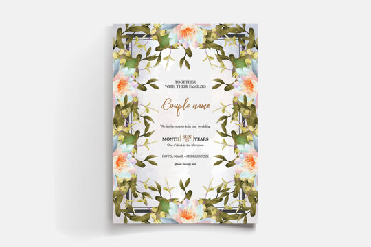 WEDDING INVITATION FRAME WITH FLOWER DECORATIONS AND FRESH LEAVES