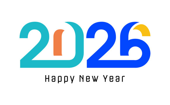 Happy New Year 2026 greetings with colorful interconnected numbers on white background