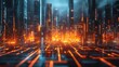 © fetmala - Futuristic cityscape with glowing orange lines and towering buildings. The scene evokes a sense of technological advancement and urban connectivity in a digital world.