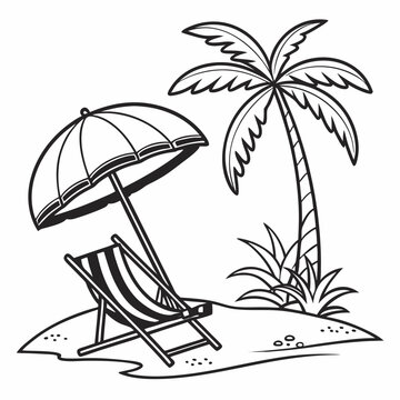 Stylized black line art of a beach umbrella, sun chair, and palm tree, clean summer vibes, 