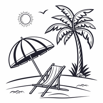 Stylized black line art of a beach umbrella, sun chair, and palm tree, clean summer vibes, 