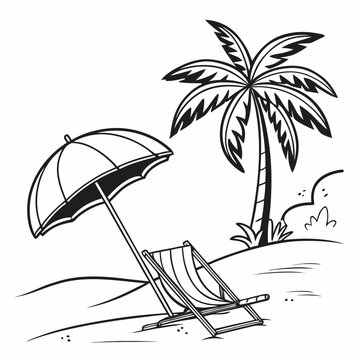 Stylized black line art of a beach umbrella, sun chair, and palm tree, clean summer vibes, 