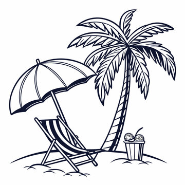 Stylized black line art of a beach umbrella, sun chair, and palm tree, clean summer vibes, 