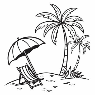 Stylized black line art of a beach umbrella, sun chair, and palm tree, clean summer vibes, 