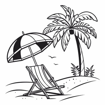 Stylized black line art of a beach umbrella, sun chair, and palm tree, clean summer vibes, 