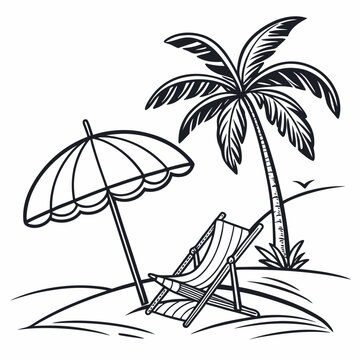 Stylized black line art of a beach umbrella, sun chair, and palm tree, clean summer vibes, 